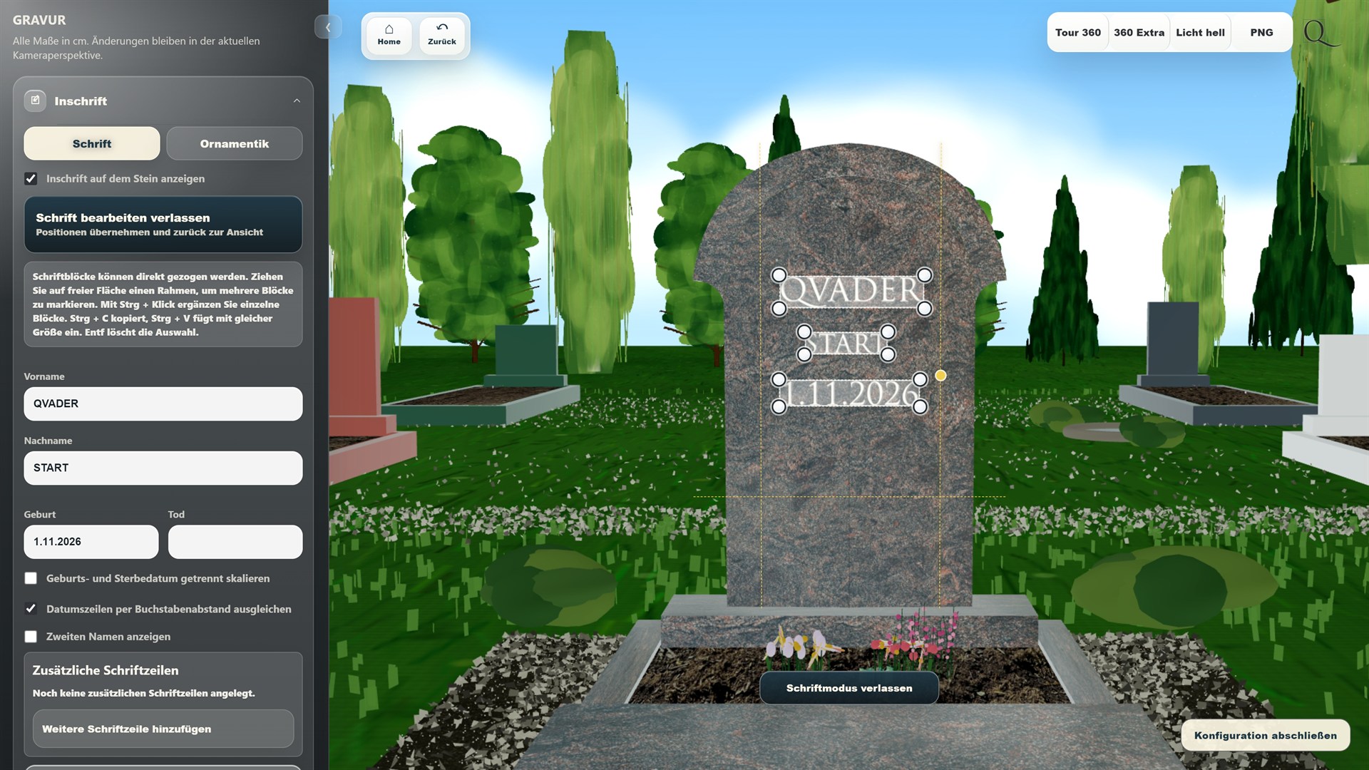 Aktueller QVADER-Simulator mit Inschriftmodus am Grabmal